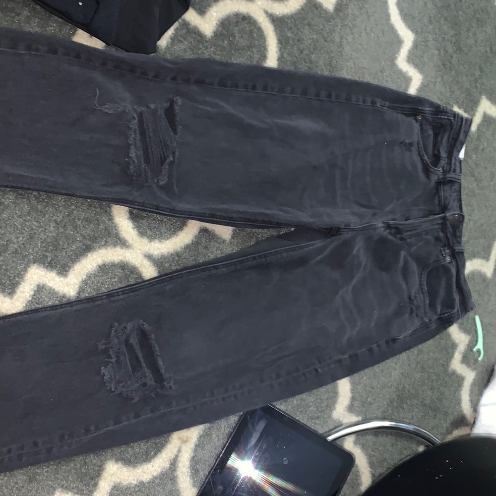 AE black mom jeans with holes on the knees